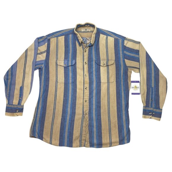 Vintage Northwest Territory Mens L Flannel Shirt Long Sleeve Blue Tan Stripe - Picture 16 of 16